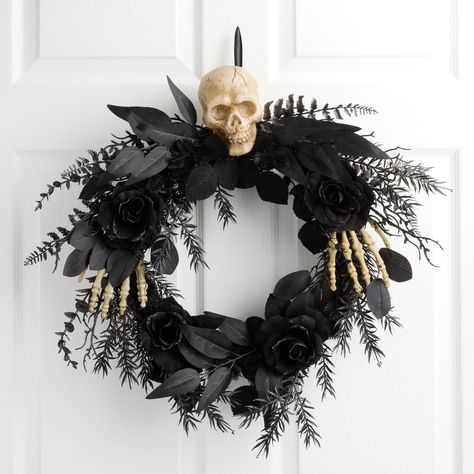 Black Faux Floral and Skeleton Wreath - World Market Diy Wreaths For Front Door Halloween, Goth Porch Decor, Halloween Reefs Front Doors, Black Wreath Halloween, Halloween Wreath Ideas, Creepy Candles, Black Halloween Wreath, Skeleton Wreath, Skull Wreath