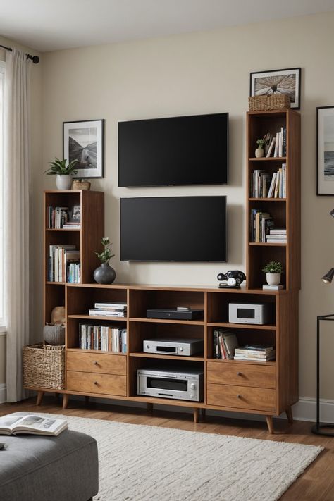 Bookshelves In Living Room With Tv Floating, Tv Stand Book Shelf Ideas, Bohemian Tv Unit, Small Living Room With Tv Ideas, Media Center Ideas Living Rooms, Apartment Entertainment Center, Tv Bookshelf, Bookshelf Tv Stand, Bookshelves With Tv