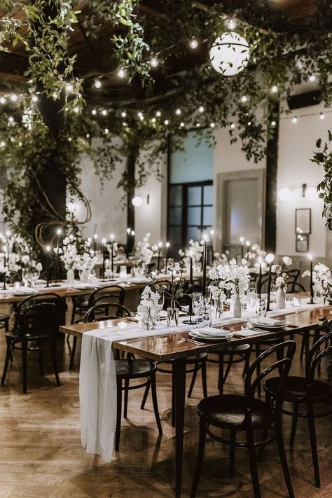 Wedding With A Lot Of Greenery, Industrial Greenery Wedding, Draped Greenery Wedding, Moody City Wedding, Wood And Greenery Wedding, Whimsical Greenery Wedding, Indoor Greenery Wedding, Greenery Wedding Alter, Greenery Ceiling Wedding