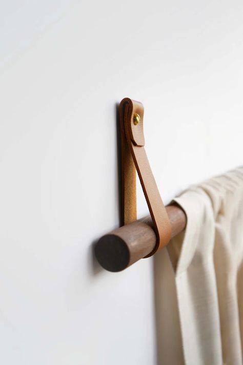 Leather Curtain Rod Bracket [Round End] by Keyaiira | leather + fiber | Wescover Hardware Wooden Curtain Rods, Rideaux Boho, Wood Curtain Rods, Scarf Storage, The Carpenters, Blanket On Wall, Rod Bracket, Curtain Rod Holders, Wood Curtain