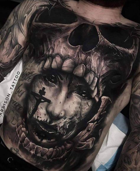 Skull tattoo — 💀,Tatouage, Tête de mort, Ink, Compilation,... Evil Skull Tattoo, Bauch Tattoos, Torso Tattoos, Skull Sleeve Tattoos, Evil Tattoos, Kunst Tattoos, Demon Tattoo, Scary Tattoos, Full Back Tattoos