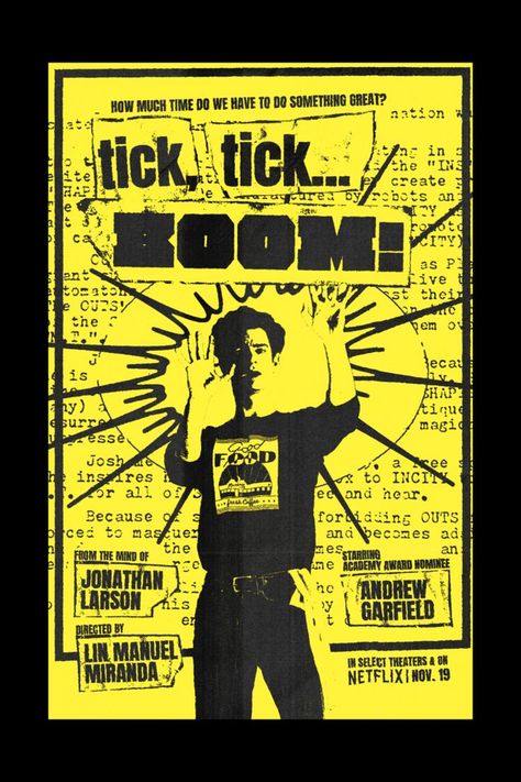 Alternate poster concept for the Netflix film tick, tick...BOOM!; directed by Lin Manuel Miranda and starring Andrew Garfield. I decided to make it a 90's punk style DIY poster to reflect the setting, expand the graphic elements, and convey the general scrappiness and tenacity of Jonathan Larson as depicted in the story Andrew Garfield Poster, Tick Tick Boom Poster, Tick Tick Boom Wallpaper, 90s Poster, Tick Tick Boom, Musical Theatre Posters, Diy Poster, Jonathan Larson, Broadway Posters