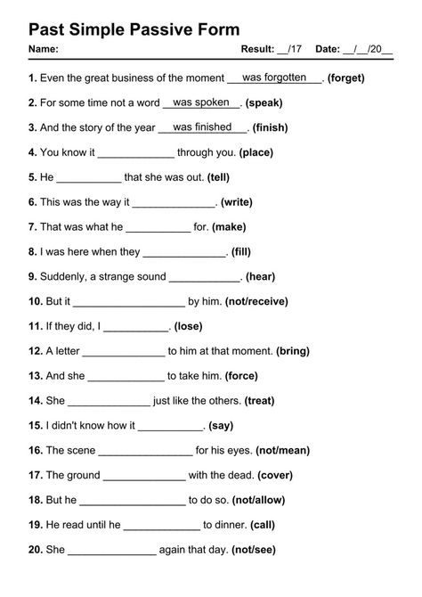 Past Simple Passive Exercises PDF Worksheet with Answers - Test 1 Passive Voice Past Simple Worksheet, Past Simple Passive Worksheet, Passive Voice Worksheet With Answers, Past Passive Worksheet, Passive Exercises, Past Simple Exercises, Past Simple Tense, Past Tense Worksheet, English Grammar Pdf