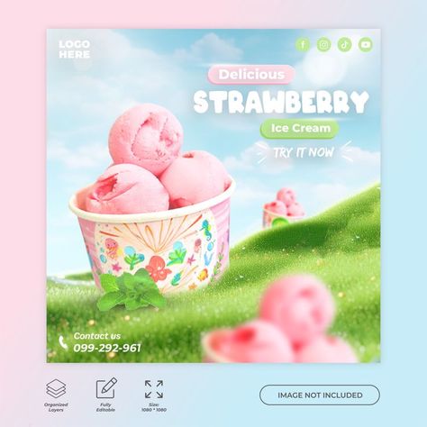 Premium PSD Freepik Strawbery Ice Cream Poster Design template for social Media and Advertising. Ice Cream Poster Design, Ice Cream Social Media, Cream Poster, Ice Cream Poster, Ice Cream Design, Ice Cream Social, Social Media Post Template, Strawberry Ice Cream, Post Templates