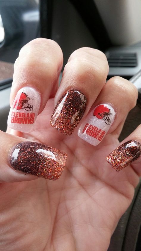 Excellant game day nails by Thi Do Lovo from California Nails Harrisonburg Va ! Cleveland Browns Nails Design, Cleveland Browns Nails, Game Day Nails, California Nails, Harrisonburg Virginia, Corn Rows, Shellac Manicure, Brown Nails Design, Nail Art Trends