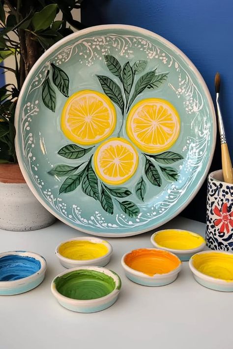 24 Pottery Painting Ideas Easy Enough for Beginners Pottery Platter Painting Ideas, Platter Painting Ideas, Lemon Pottery Painting, Pottery Plate Ideas, Lemon Pottery, Painted Pottery Plate, Pottery Painting Ideas Easy, Pottery Painting Ideas, Plain Mugs