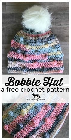 Free Crochet Hat Pattern- The Bobble Hat . Comes in sizes 9-12 month, toddler, child, and Teen/Adult. Free Crochet Hat Pattern, Crazy Crochet, Hat Patterns Free, Crocheted Hat, Crochet Hat Free, Crochet Knit Hat, Bonnet Crochet, Crochet Beanie Hat, Bobble Hat