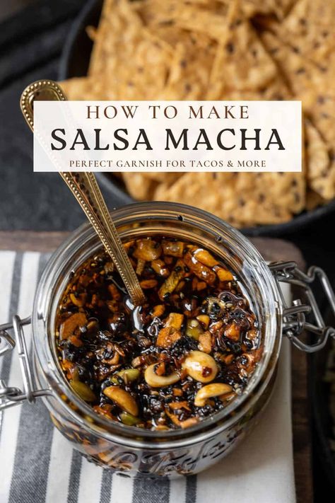 If you're a fan of Asian chili oil and chili crunch, there's a glaring hole in your condiment game in the form of a Mexican chili oil called salsa macha. It's made with fried shallots and garlic, a blend of chile flakes, nuts and seeds, and a few other ingredients. You can use it as a garnish, in marinades and dressings, in dips or with tortilla chips, and a nearly endless list of other dishes. Macha Salsa Recipe, Mexican Chili Oil, Mexican Chili Oil Recipe, Asian Chili Oil, Chili Crunch Recipe, Chili Oil Crunch, Garlic Chili Oil Recipe, Hot Oil Recipe, Chili Crunch Oil