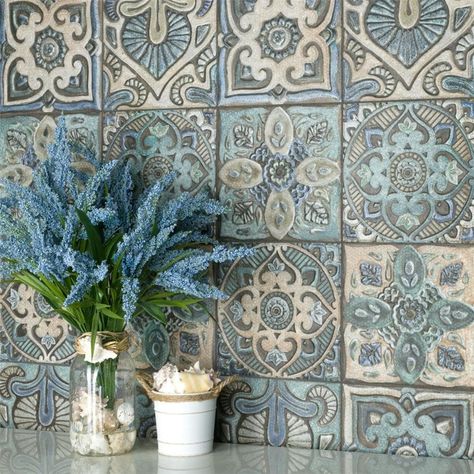 Capturing the appearance of a patterned look, our Mandala Decor Mix Ceramic Wall Tile features a mixed textured finish, providing decorative appeal that adapts to a variety of stylistic contexts. Textured Tiles, Patterned Wall Tiles, Mandala Decor, Fireplace Facade, Patterned Wall, Mediterranean Tile, Vintage Industrial Design, Tiles For Wall, Gorgeous Tile