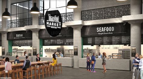 An artist’s rendering of what we can expect when the Time Out Market opens at the Fenway’s former Landmark Center later this year. Time Out Market Boston, Food Court Design, Boston Winter, Seafood Sushi, Mall Food Court, Hall Ideas, Food Park, Supermarket Design, Exterior Signage