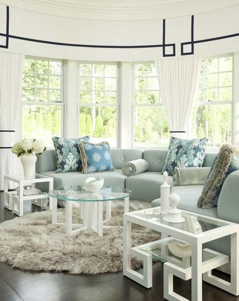 Suzie: Modern Declaration - Dreamy white cornice boards with navy blue Greek key trim with ... Kitchen Alcove, Indoor Sunroom, Bow Windows, Colony House, Curved Couch, Couches Living, Modern Contemporary Living Room, Sunroom Decorating, House Of Turquoise