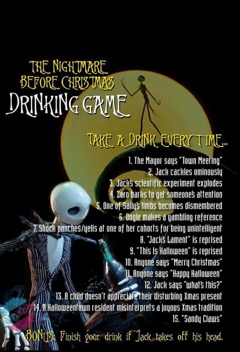 Nightmare before Christmas drinking game Funny Drinking Games, Halloween Drinking Games, Christmas Drinking Games, Movie Drinking Games, Drinking Games For Parties, Fun Drinking Games, Christmas Drinking, Drinking Game, Night Before Christmas