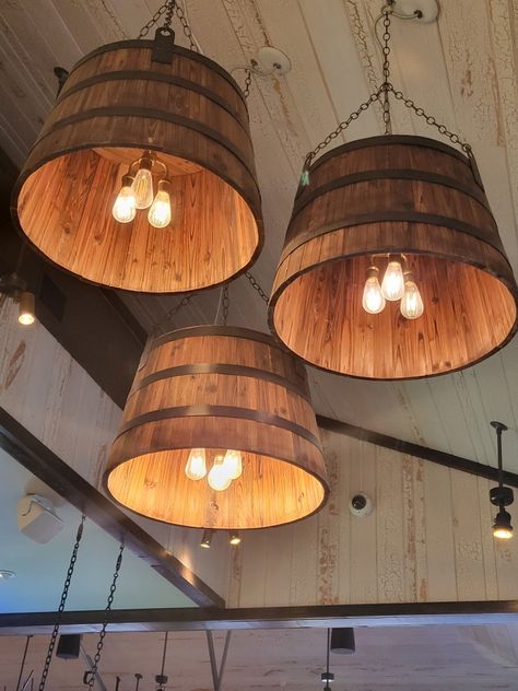 Whiskey Barrel Lights, Rustic Bar Lighting, Wine Barrel Lights, Barrel Lights, Wine Barrel Lighting, Nautical Backdrop, Outside Lighting Ideas, Barrel Lamp, Whiskey Barrel Bar