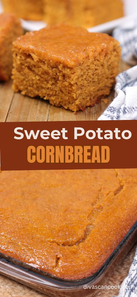 Moist sweet potato cornbread Sweet Potato Cornbread Recipes, Sweet Potato Bread Recipe, Brown Sugar Honey Glaze, Homemade Bread Loaf, Oat Bread Recipe, Loaf Breads, Sweet Potato Cornbread, Best Sweet Potato, Honey Cornbread