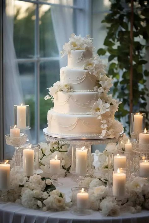 Wedding Cake Table Ideas: Elegant Displays to Sweeten Your Special Day - OMG Hitched Wedding Decorations Table Elegant, Hailey Bieber Wedding Cake, Cake Table Set Up Wedding, Timeless Wedding Cake Ideas, Classic Tiered Wedding Cake, Table Cake Decoration Ideas Wedding, Elegant Grooms Cake, Elegant Themed Wedding, Wedding Ideas Elegant Romantic Simple