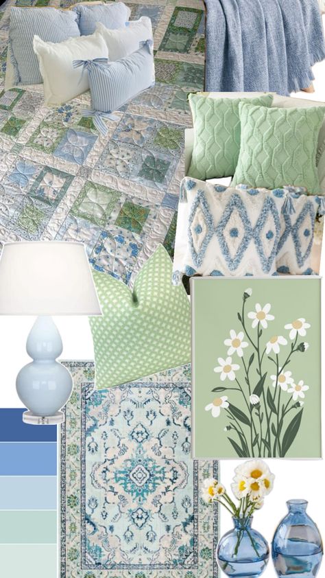 Green Blue And White Bedroom, Green And Blue Bedroom Aesthetic, Blue And Green Dorm Room, Blue And Green Room, Blue Green Rooms, Light Green Rooms, Hampton Interior, Light Blue Rooms, Colour Pallettes