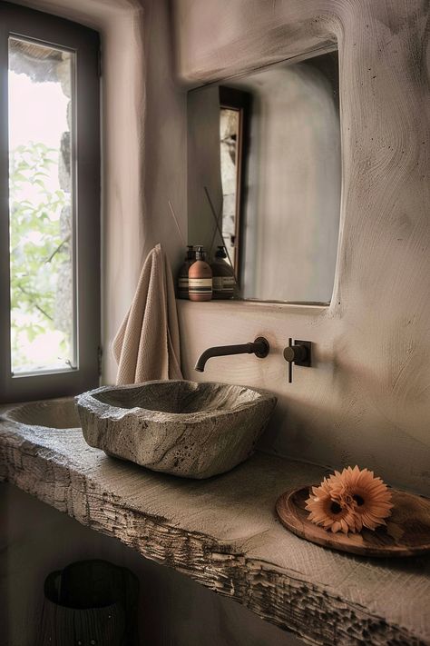 Achieve rustic harmony with over 53 Wabi Sabi bathroom ideas that embrace the beauty of imperfection. Explore natural materials, earthy hues, and minimalist design elements that create a space of balance and tranquility. #WabiSabiBathroom #RusticHarmony #ImperfectBeauty Half Bathroom Ideas Modern, Wabi Sabi Bathroom, Minimalist Small Bathrooms, Modern Boho Bathroom, Earthy Bathroom, Boho Style Bathroom, Rustic Bathroom Designs, Rustic Bathroom Decor, Rustic Bathrooms