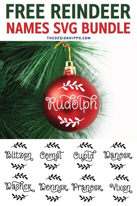 Make cute Christmas ornaments using these free Reindeer names SVG cut files for Cricut and Silhouette DIY craft projects. All of Santa's Reindeers - Rudolph, Blitzen, Comet, Cupid, Dancer, Dasher, Donner, Prancer, Vixen written in a beautiful script with swashes and leaves. Perfect to decorate your Christmas tree and to make gifts for friends and family. #freesvg #cricut #silhouette #christmas #diycrafts #ornaments #reindeer #santa #rudolph #svgbundle #christmascrafts #bauble #donner #blitzen Free Reindeer Svg Files For Cricut, Free Christmas Monogram Svg Files For Cricut, Christmas Bauble Svg Free, Cricut Christmas Ornaments Printable Cuttable Creatables, Reindeer Names Svg Free, Reindeer Names, Silhouette Diy, How To Make Christmas Tree, Christmas Svg Files