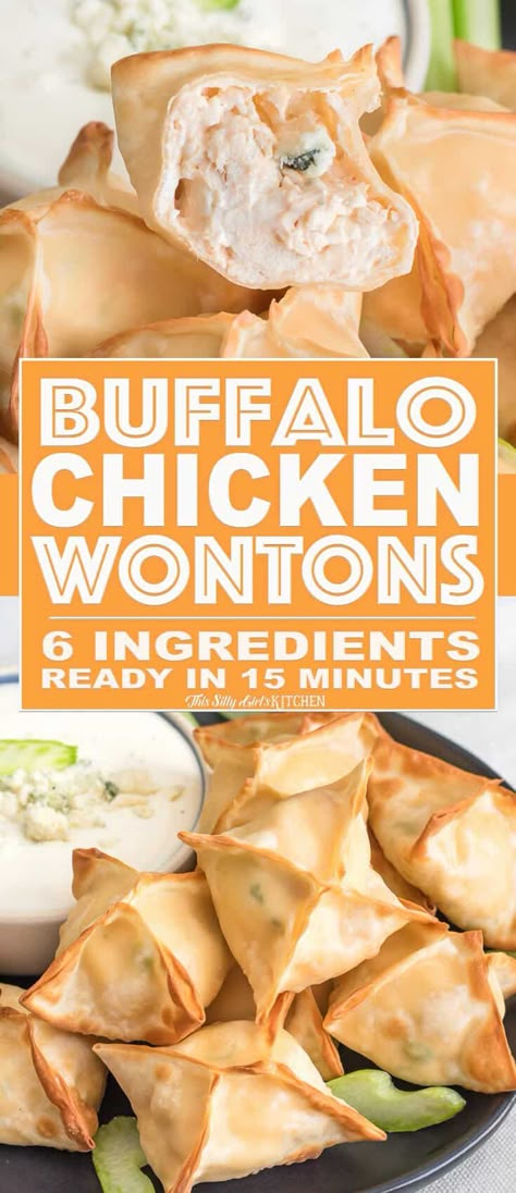 Buffalo Chicken Wontons, only 6 ingredients and ready in 15 minutes, perfect for game day! #Recipe from ThisSillyGirlsKitchen.com #buffalochicken #wontons #airfryer Buffalo Chicken Wontons, Airfryer Recipe, Fancy Kitchen, Chicken Wontons, Wonton Recipes, Food Appetizers, Dinner Appetizers, Kitchen Appliance, Game Day Food