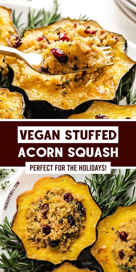 Vegan Stuffed Acorn Squash is a beautiful plant-based addition to your Thanksgiving or holiday meal. Made with perfectly roasted squash and a flavourful herbed quinoa stuffing, your guests will love this dish! Vegan Stuffed Acorn Squash, Savory Quinoa, Stuffed Acorn Squash, Acorn Squash Recipes, Easy Dinner Recipe, Vegan Thanksgiving, Acorn Squash, Squash Recipes, Vegan Dinner