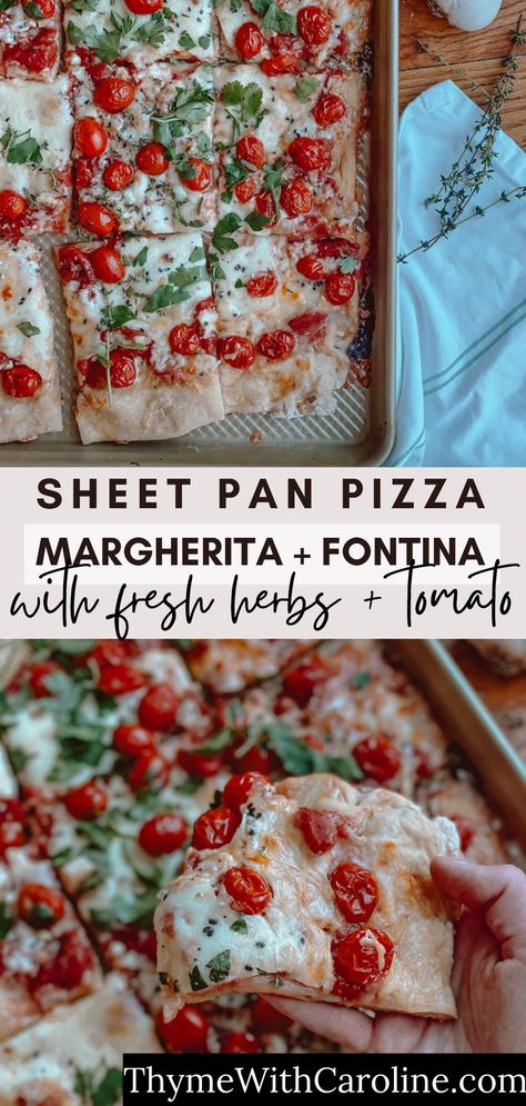 This sheet pan pizza recipe is so easy and delicious, with home made pizza dough, cherry tomatoes, mozzarella cheese and tomato sauce. Topped with basil and parsley and plenty of seasoning. If you love making pizza at home, you have to try this easy pizza that only requires 1 hour of your time. A vegetarian pizza that will delight the whole family! Easy Crust Recipe, Vegetarian Pizza, Margherita Pizza, Easy Pizza, Pan Pizza, How To Make Pizza, Crust Recipe, Pizza Toppings, Dinner Dishes