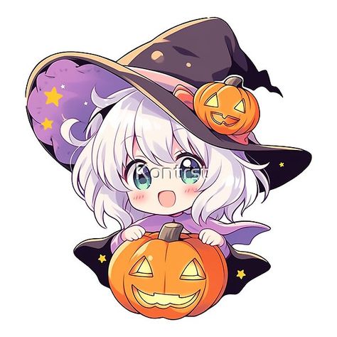 Chibi Halloween, Drawing Hats, Emerald Green Eyes, Pumpkin Drawing, Witchy Art, Ghost Tattoo, Cute Witch, Pumpkin Stickers, Chibi Anime Kawaii