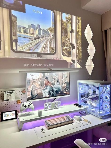 Laptop Pc Setup, Desk With Tv Above It, White Pc Setup, White Gaming Setup, Gamer Rooms, Youtuber Aesthetic, Nixie Tube Clock, Gaming Desk Setup, Best Gaming Setup