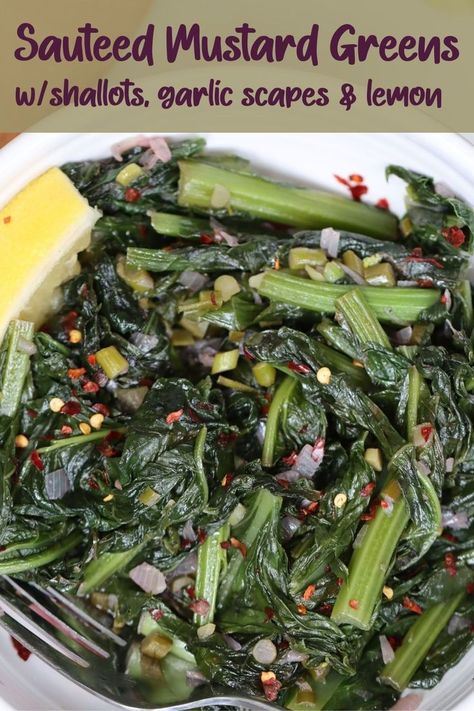 Tasty sauteed mustard greens in a bowl with chili flakes and lemon wedge. Green Mustard Recipe, Sauteed Mustard Greens, Recipes With Mustard Greens, Vegan Mustard Greens, Mustard Green Recipes, Mustard Greens Recipe Soul Food, Collard Salad, Mustard Greens Recipe, Greens Recipe Soul Food