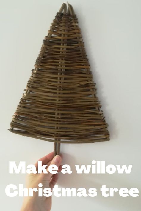 Here is an overview of how to make a willow Christmas tree decoration for your wall, window, table or mantle. 
This is a simple and fun project for beginners to willow weaving. 
To make this you will need around 5' brown or green willow rods (brown rods will need soaking) a pair of sharp secateurs and some sting to hold the shape of the frame. 
I have small bundles of willow available in my Etsy shop which are great for a variety of Christmas crafts. Diy Willow Wreath, Simple Willow Weaving, Willow Weaving Projects, Willow Christmas Decorations, Willow Weaving Beginners, Willow Christmas Tree, Colchester England, Primitive Country Crafts, Willow Art