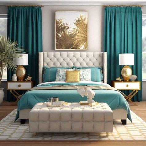 Teal And Gold Bedroom Ideas, Teal And Gold Bedroom, Bnb Ideas, Bedroom Hacks, Luxury Bedroom Decor, Palm City, Back Deck Decorating, Dorm Wall Decor, Luxury Bedroom Design