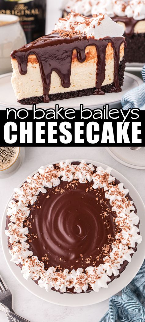 Celebrate any occasion with a gorgeous Baileys Cheesecake! Rich and velvety, this no-bake cheesecake is a dream to make and decadent to eat! #BreadBoozeBacon #baileys #irishcream #cheesecake #nobake #nobakecheesecake #chocolate #ganache #dessert #stpatricksday #thanksgiving #newyearseve Boozy No Bake Cheesecake, New Years Cheesecake, Bailey Cheesecake, No Bake Baileys Cheesecake, Bailey's Cheesecake, Baileys Dessert, Best No Bake Cheesecake, Baileys Cake, Birthday Cheesecake