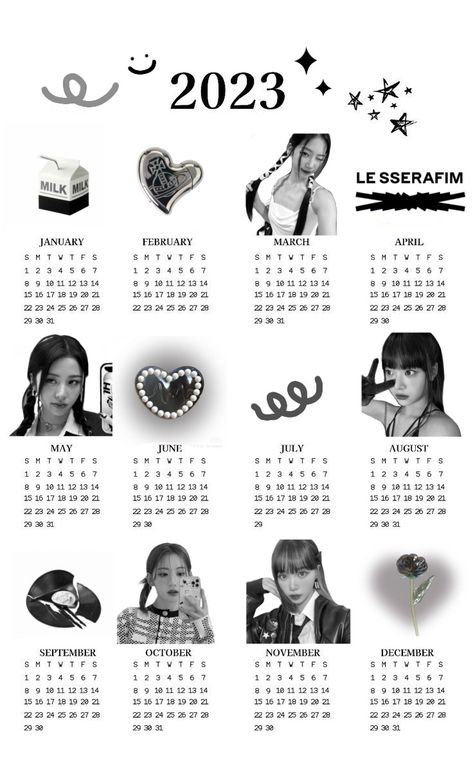 Lesserafim Calendar 2023, Aesthetic Kpop Calendar 2023, Black White Kpop Poster, Kpop Calendar 2023 Printable, New Jeans Poster Black And White, Le Sserafim Calendar, Kpop Posters Lesserafim, 2024 Calendar Kpop, Kpop Calender