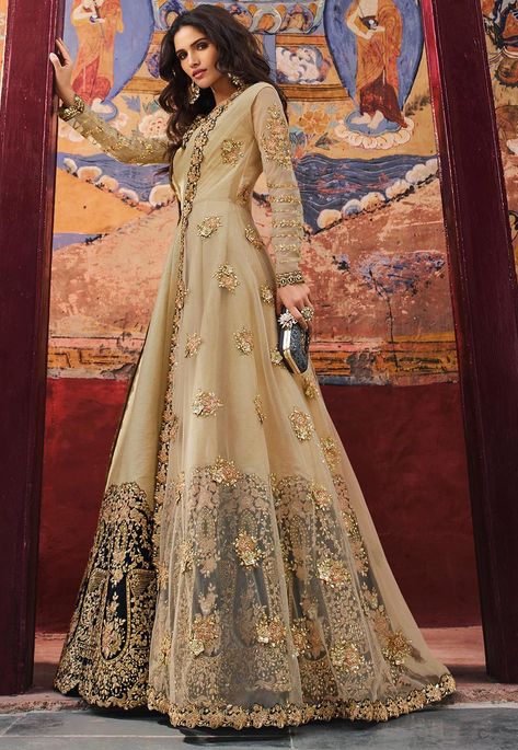 Embroidered Net Abaya Style Suit in Beige : KCH9849 Net Jacket, Silk Anarkali Suits, Floor Length Anarkali, Indian Salwar Suit, Silk Anarkali, Designer Anarkali Suits, Ethnic Gown, Look Festival, Salwar Kameez Online