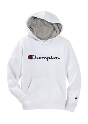 Champion Boys 8-20 Embroidered Signature Fleece Hoodie. Soft-brushed fleece and a signature embroidered Champion script define this boy's hoodie. Champion Clothing, White Fleece, Champion Reverse Weave, Champion Hoodie, Boys Hoodies, Hooded Pullover, White Hoodie, Logo Graphic, Fleece Hoodie