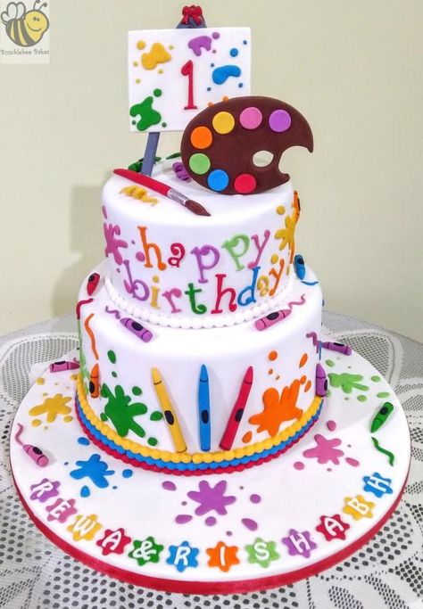 Artsy Cake Ideas, Art Party Birthday Cake, Art Cakes Birthday Kids, Art Themed Cake, Artsy Cake, Art Party Cakes, Slime Cake, Old Birthday Cake, Art Birthday Cake