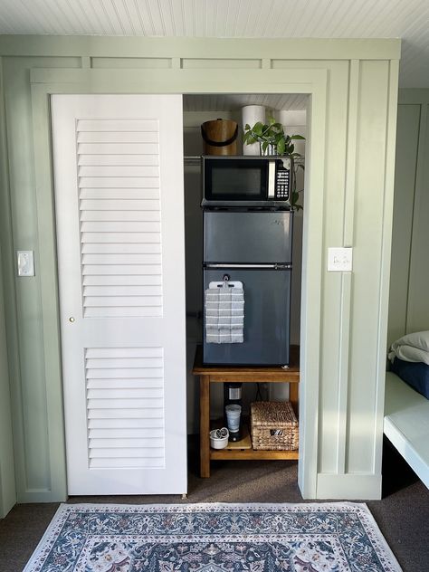 Mini Kitchen in a Closet – One Room Challenge Week #7 | Kitchen In Closet Small Spaces, Mini Kitchen In Closet, Mini Fridge In Closet, Kitchenette In Closet, Mini Kitchenette Ideas, Fridge In Closet, Kitchenette In Bedroom, Kitchenette No Sink, Closet Kitchenette