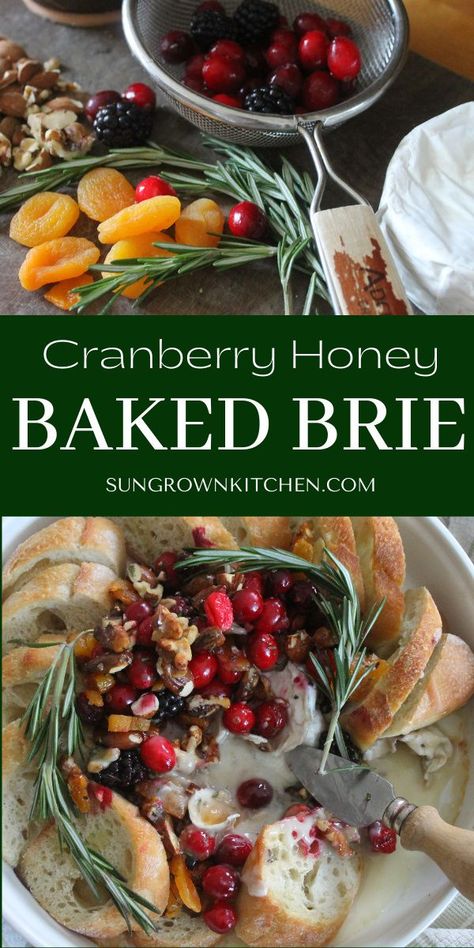 Baked Brie Savory, Honey Baked Brie, Baked Brie Honey, Cranberry Honey, Brie Cranberry, Fresh Cranberry, Honey Baked, Holiday Appetizers Easy, Baked Oatmeal Cups