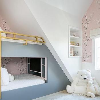 Gray Built In Bunk Bed with Brass Railing Bunk Bed Rooms Slanted Ceiling, Slanted Ceiling Bunk Room, Built In Bunk Beds Sloped Ceiling, Loft Bed Sloped Ceiling, Bunk Bed Slanted Ceiling, Sloped Ceiling Bunk Beds, Small Bedroom With Sloped Ceiling, Bunk Bed Sloped Ceiling, Bunk Beds Sloped Ceiling