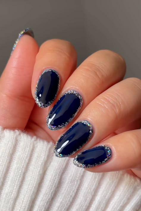 29 Dark Blue Nails to Make Your Tips Shine Like a Midnight Sky! Dark Blue And Glitter Nails, Hanukkah Nail Art, Dark Blue Nails With Design Acrylic, Short Nails Winter Ideas, Hanukkah Nails Designs, Desi Wedding Nails, Blue Holiday Nail Designs, Dark Blue Nails With Glitter, Dark Blue Gel Nails