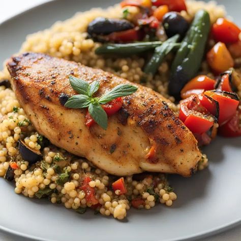 MealPractice | Mediterranean Chicken with Ratatouille and Herbed Couscous Ratatouille With Chicken, Herbed Couscous, Flavorful Dinner, Mediterranean Chicken, Fast Recipes, Tender Chicken Breast, Basil Chicken, Chicken Dish, Dinner Options