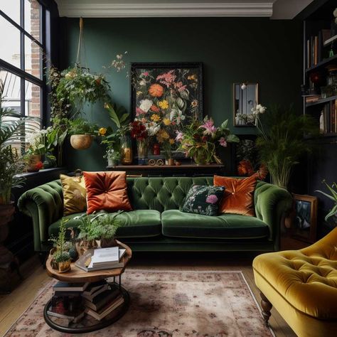 3 Dark Green Sofa Living Room Concepts for a Lush Space • 333+ Images • [ArtFacade] Green Couch Dark Academia, Goth Green Living Room, Dark Maximalism Decor, Dark Green Living Room Furniture, Dark Green Small Living Room, Black Living Room Green Sofa, Green Couch Library, Deep Green Sofa In Living Room, Green Accent Couch