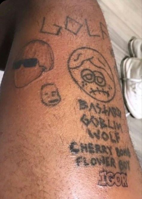 #tylerthecreator #of #GOLF #golfwang #bastard #goblin #wolf #cherrybomb #flowerboy #igor Tyler The Creator Igor Tattoo, Tyler The Creator Inspired Tattoos, Tyler The Creator Tattoos Ideas, Creator Tattoo, Tyler Tattoo, Tyler The Creator Tattoos, Sir Baudelaire, Tyler Okonma, Tyler The Creator Wallpaper