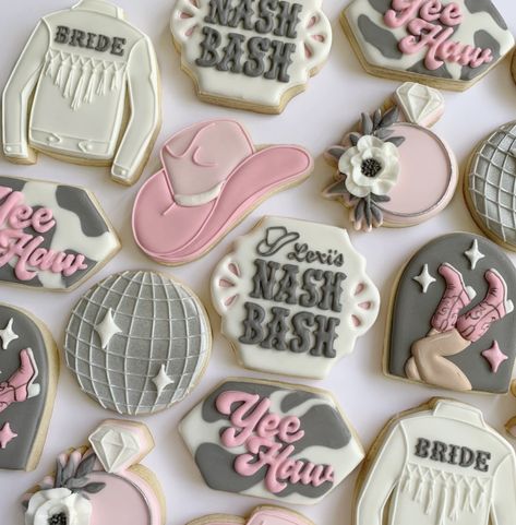 Cowboy Themed Bachelorette Party Outfits, Nashville Bachelorette Party Cookies, Shania Twain Cookies, Disco Cowgirl Party Cookies, Cowgirl Brunch Theme, Nashville Bachelorette Cookies Decorated, Disco Cowgirl Bachelorette Cake, Disco Rodeo Cookies, Cowgirl Disco Cookies