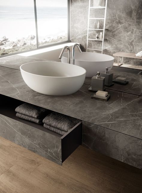 #bathroomcountertops #akdo #grayporcelainslab Grey Marble Bathroom Countertops, Marble Bathroom Counter, Grey Marble Bathroom, Porcelain Tile Bathroom, Ceramic Tile Bathrooms, Tile Countertops, Bathroom Countertop, Bathroom Countertops, Large Bathrooms