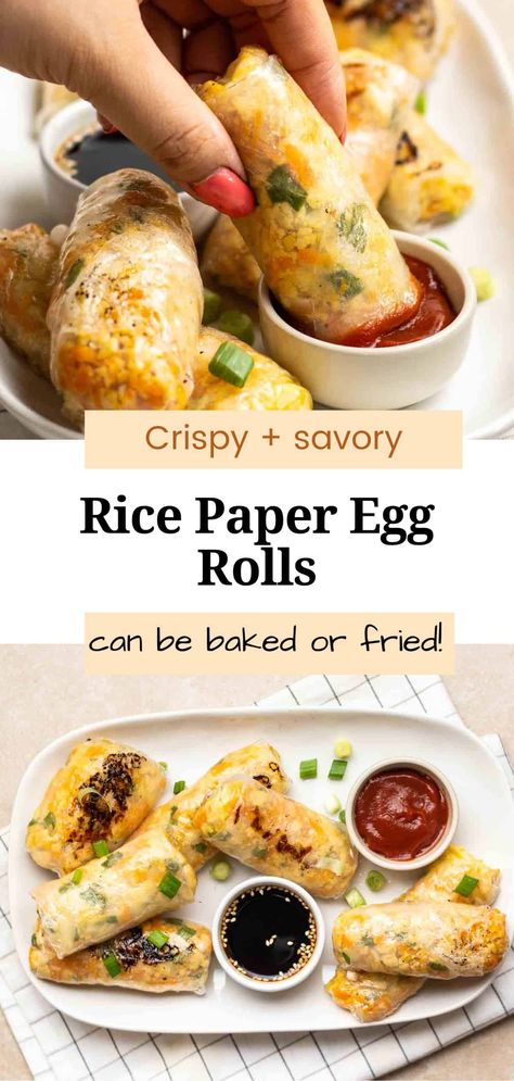 These crispy rice paper egg rolls are filled with a savory vegetable and tofu filling that will leave you craving more! A quick and easy appetizer that goes well with many Asian mains. You can either pan-fry, bake, or air-fry them! Rice Paper Egg Rolls, Rice Paper Rolls Fillings, Rice Paper Egg, Rice Paper Rolls Recipes, Korean Vegetarian, Rice Paper Spring Rolls, Crispy Rice Paper, Baked Spring Rolls, Rice Paper Recipes