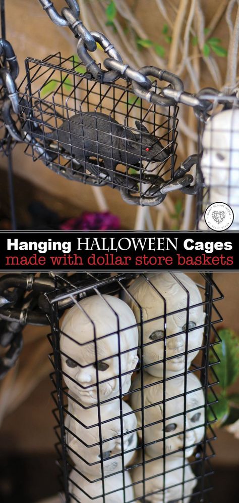 This year for Halloween try decorating your house with hanging Halloween cages. Using supplies bought from the kitchen section of the dollar store, you can create these great cages used to hang all kinds of scary Halloween decorations. Make these great baskets with your kids and have fun decorating for Halloween this year. #kids #halloween #decor #easy #painting #howto Dollar Store Halloween Decorations Outdoor, Scary Halloween Kitchen, Outside Scary Halloween Decorations, Cute Scary Halloween Decorations, Decorating House For Halloween, Halloween Cage Diy, Monsters Halloween Decorations, Halloween Party Decor Diy Dollar Store, Diy Halloween Yard Decorations Easy