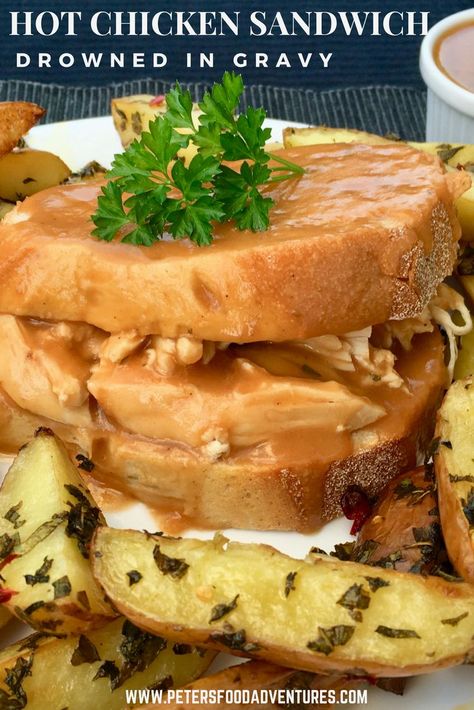 Hot Chicken Sandwich Recipe - A Classic Canadian recipe inspired by Swiss Chalet, shredded rotisserie chicken smothered in gravy. Chicken And Busicuts Recipe, Open Faced Sandwich Recipes, Sandwich For Lunch, Shredded Rotisserie Chicken, Chicken Smothered, Hot Chicken Sandwiches, Chicken Sandwich Recipe, Canadian Cuisine, Swiss Chalet