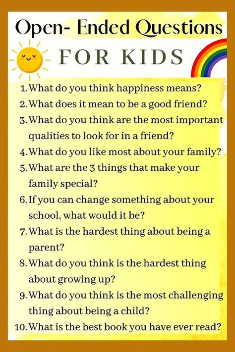 Open Ended Questions For Kids, Fun Questions For Kids, Uppfostra Barn, Conversation Starters For Kids, Questions For Kids, Kids Questions, Positive Affirmations For Kids, Open Ended Questions, Fun Questions