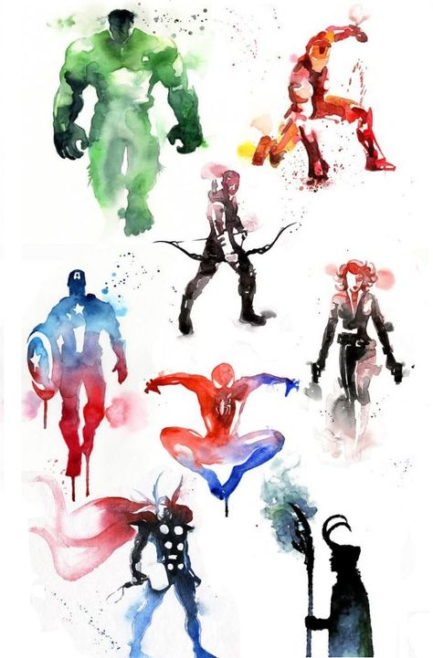 Marvel Avengers watercolor Captain America Watercolor, Hawkeye Tattoo Ideas, Marvel Art Ideas, Marvel Watercolor Art, Hulk Tattoo Ideas, Avengers Tattoo Ideas, Hawkeye Tattoo, Iron Man Watercolor, Marvel Avengers Art