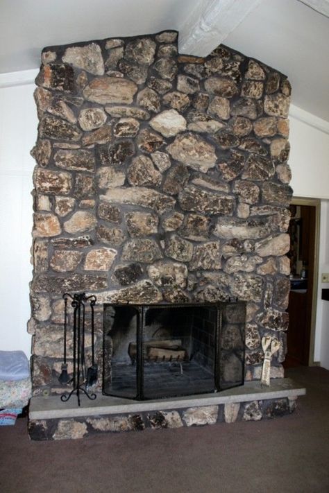 Limewash Stone Fireplace Before And After, Overgrout Fireplace Stone, Cover Rock Fireplace, Covering Stone Fireplace, Fireplace Renovation Before And After, Old Stone Fireplace Makeover, Painting Stone Fireplace, Rock Fireplace Makeover, Painted Rock Fireplaces